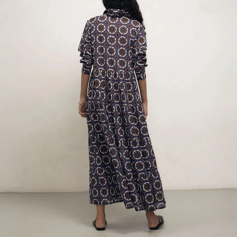 MONDO CORSINI Portofino Cotton Long Tiered Shirt Dress in Gardenia Blue