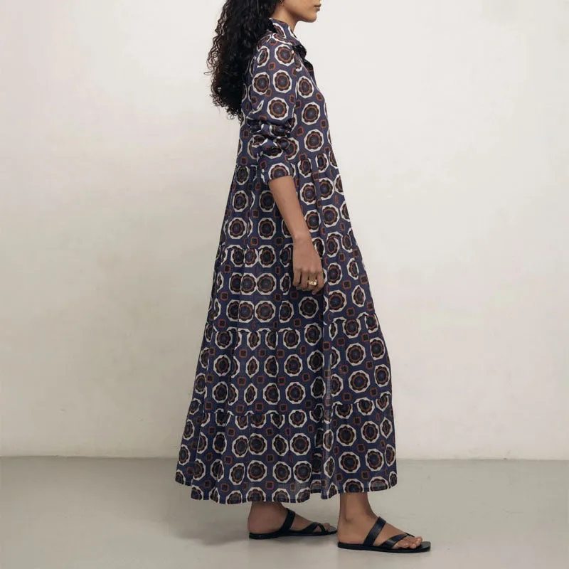 MONDO CORSINI Portofino Cotton Long Tiered Shirt Dress in Gardenia Blue