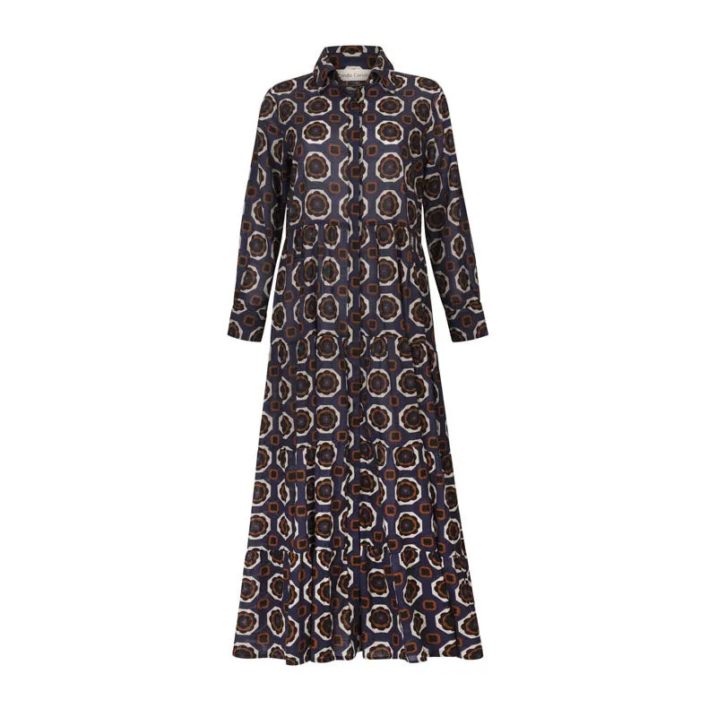 MONDO CORSINI Portofino Cotton Long Tiered Shirt Dress in Gardenia Blue