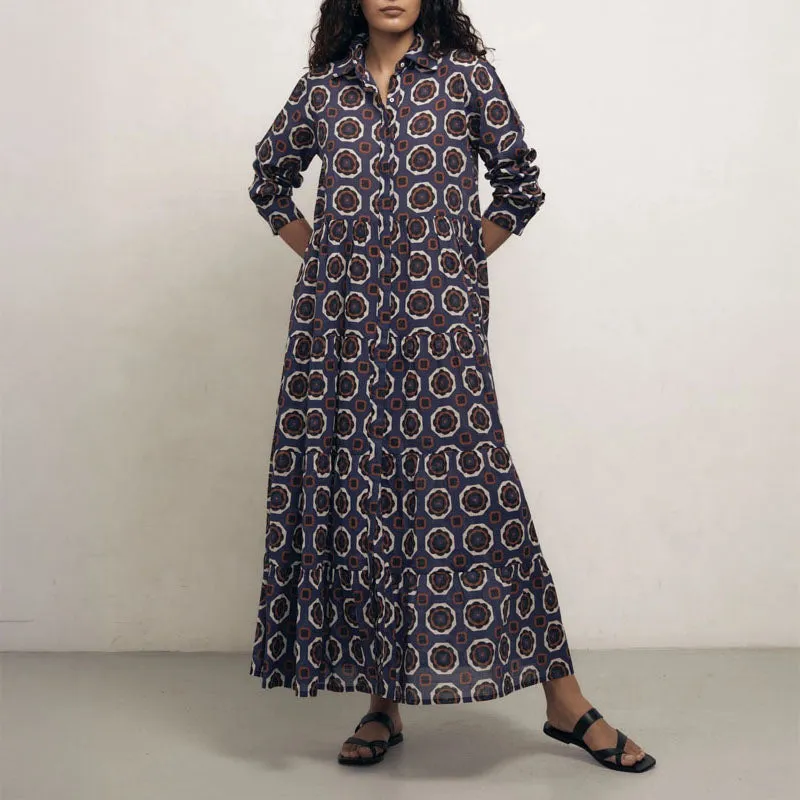 MONDO CORSINI Portofino Cotton Long Tiered Shirt Dress in Gardenia Blue