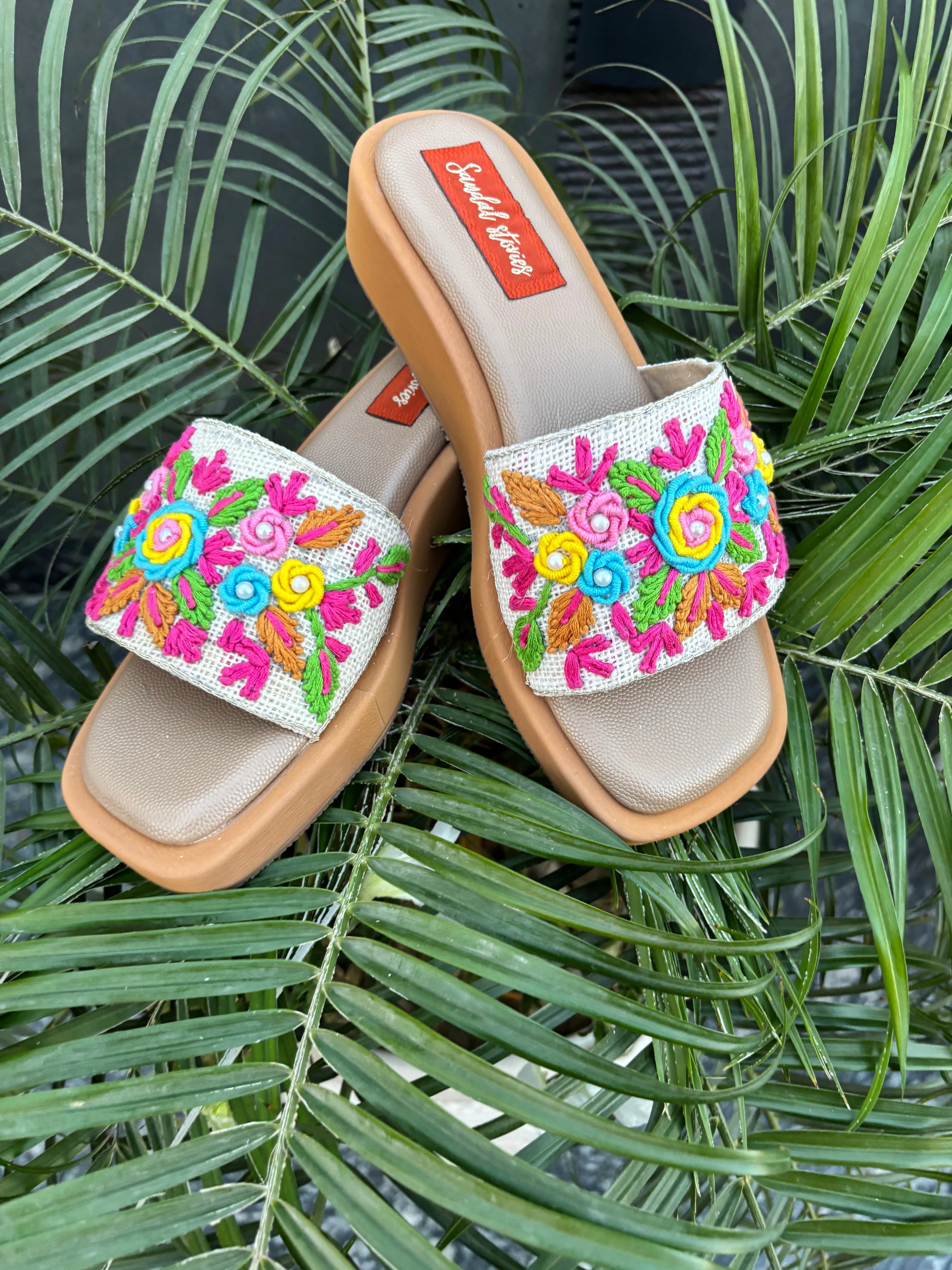 Multicolor Floral Embroidered Slide Sandals