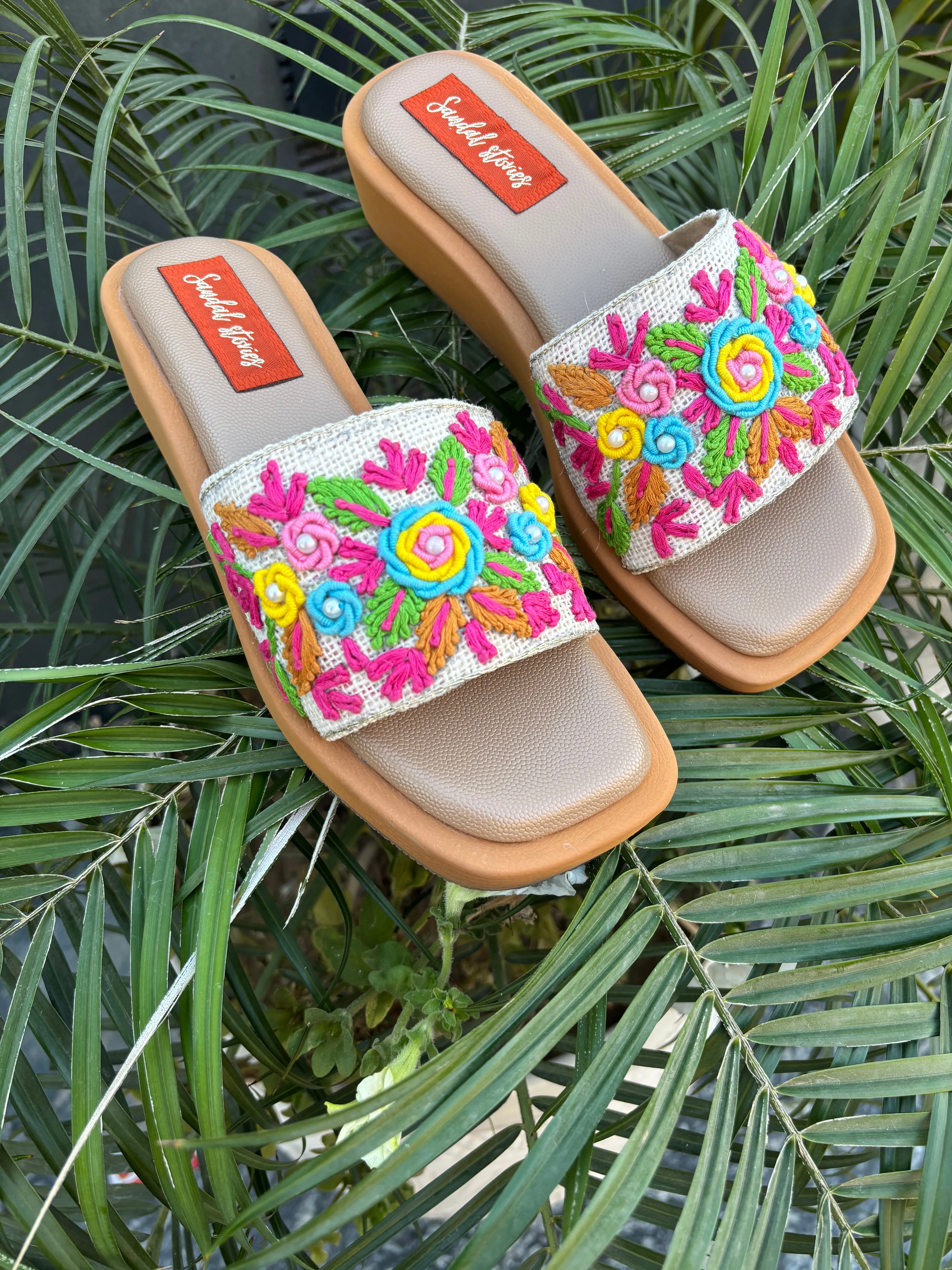 Multicolor Floral Embroidered Slide Sandals