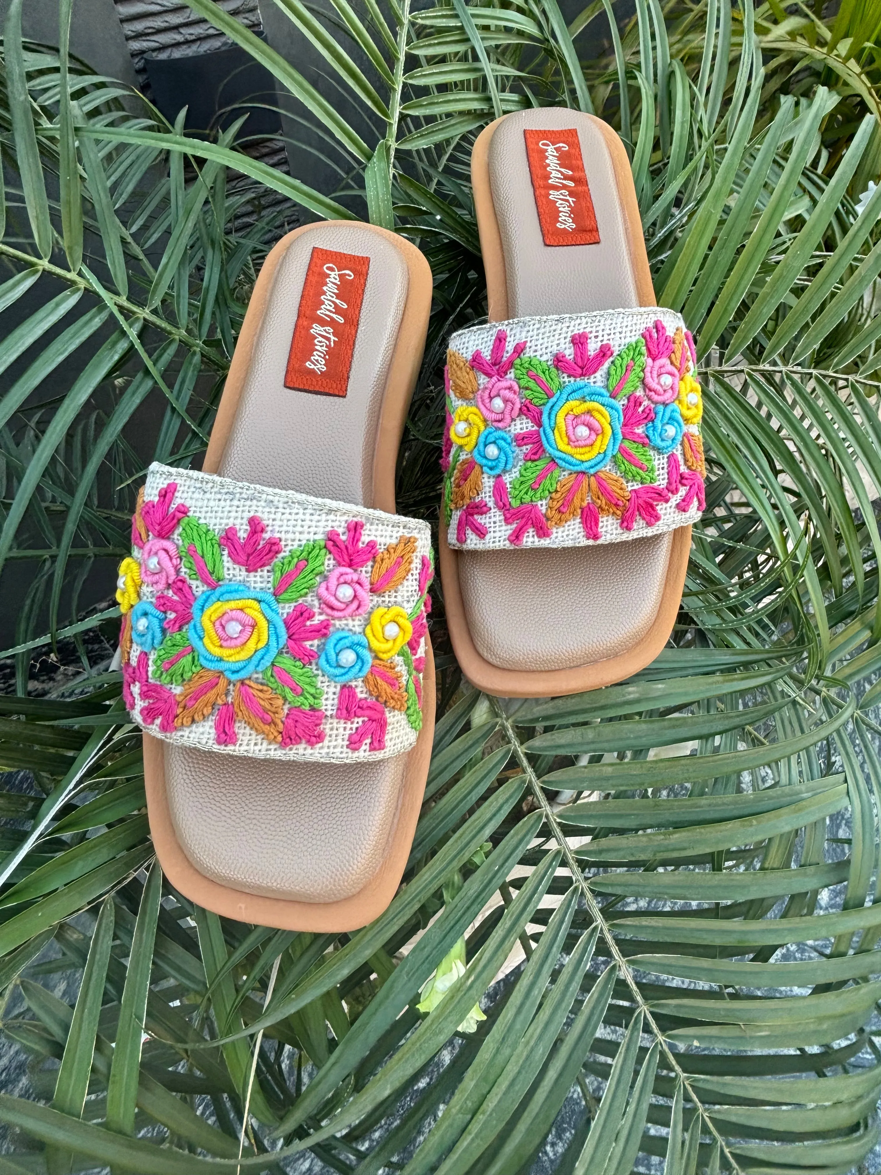 Multicolor Floral Embroidered Slide Sandals