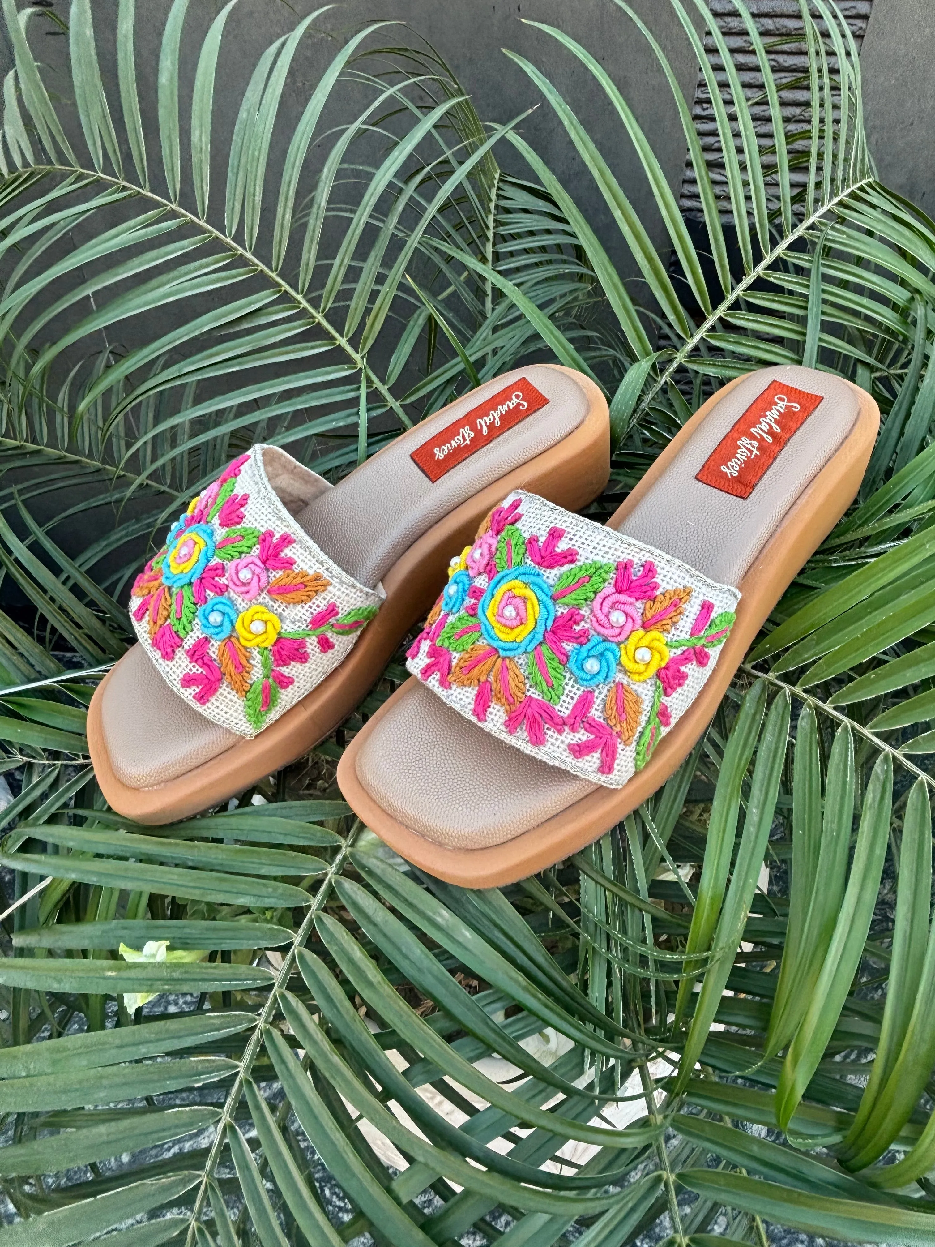 Multicolor Floral Embroidered Slide Sandals