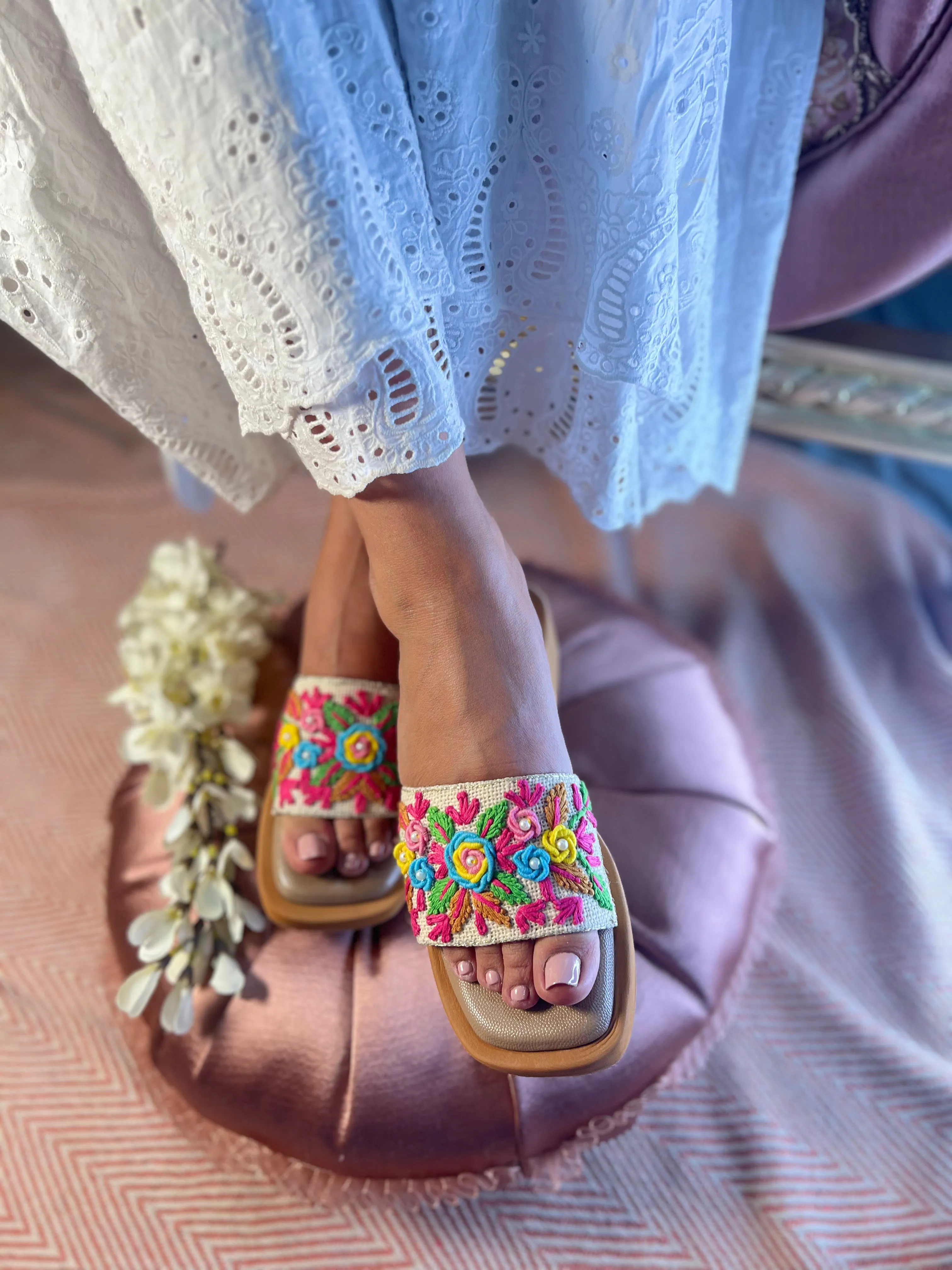 Multicolor Floral Embroidered Slide Sandals