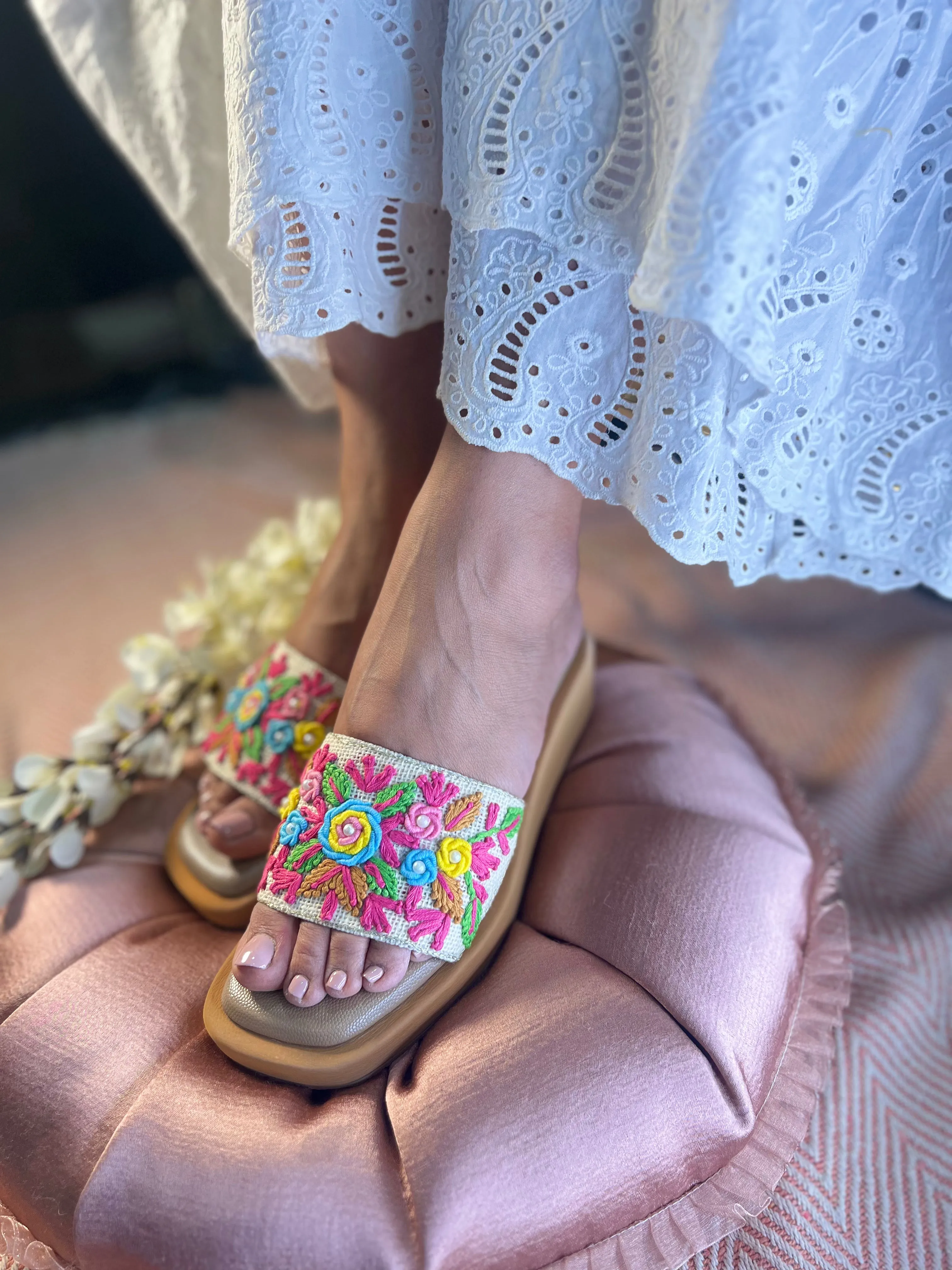 Multicolor Floral Embroidered Slide Sandals