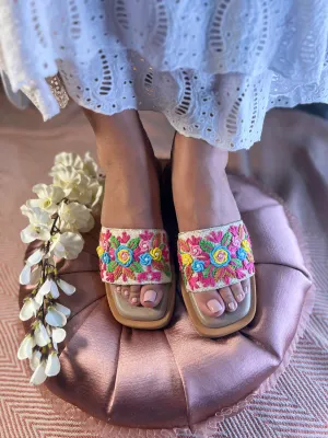 Multicolor Floral Embroidered Slide Sandals