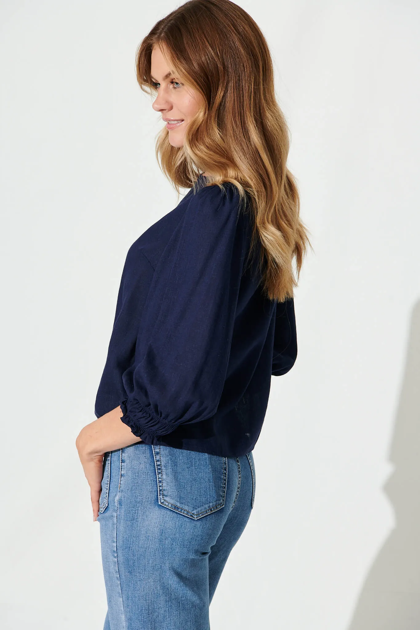 Navy Cotton Linen Blouse