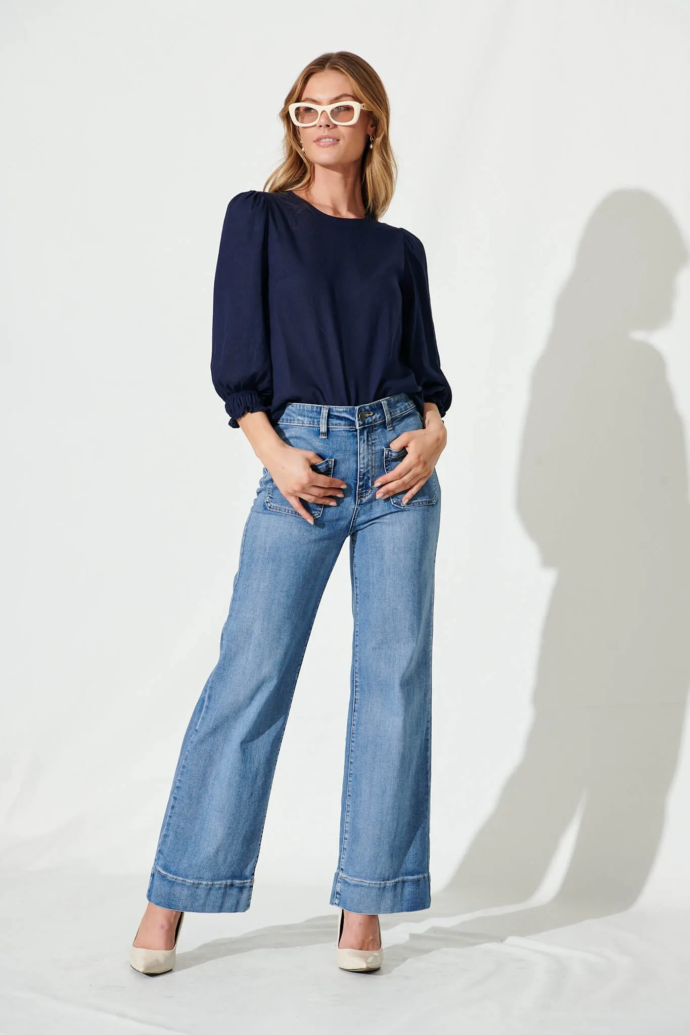 Navy Cotton Linen Blouse