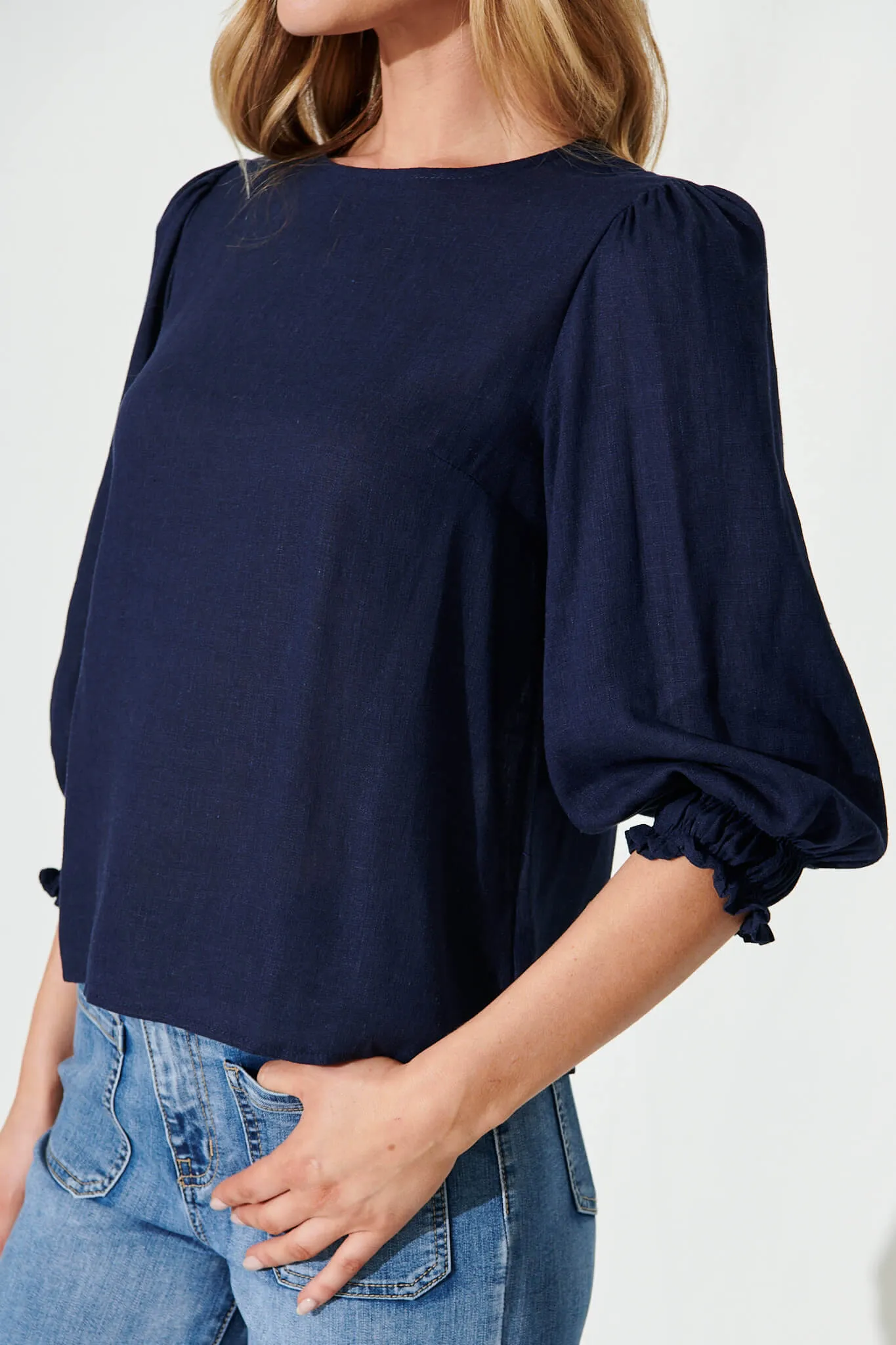 Navy Cotton Linen Blouse