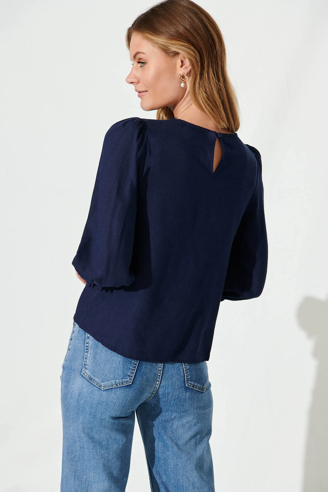 Navy Cotton Linen Blouse