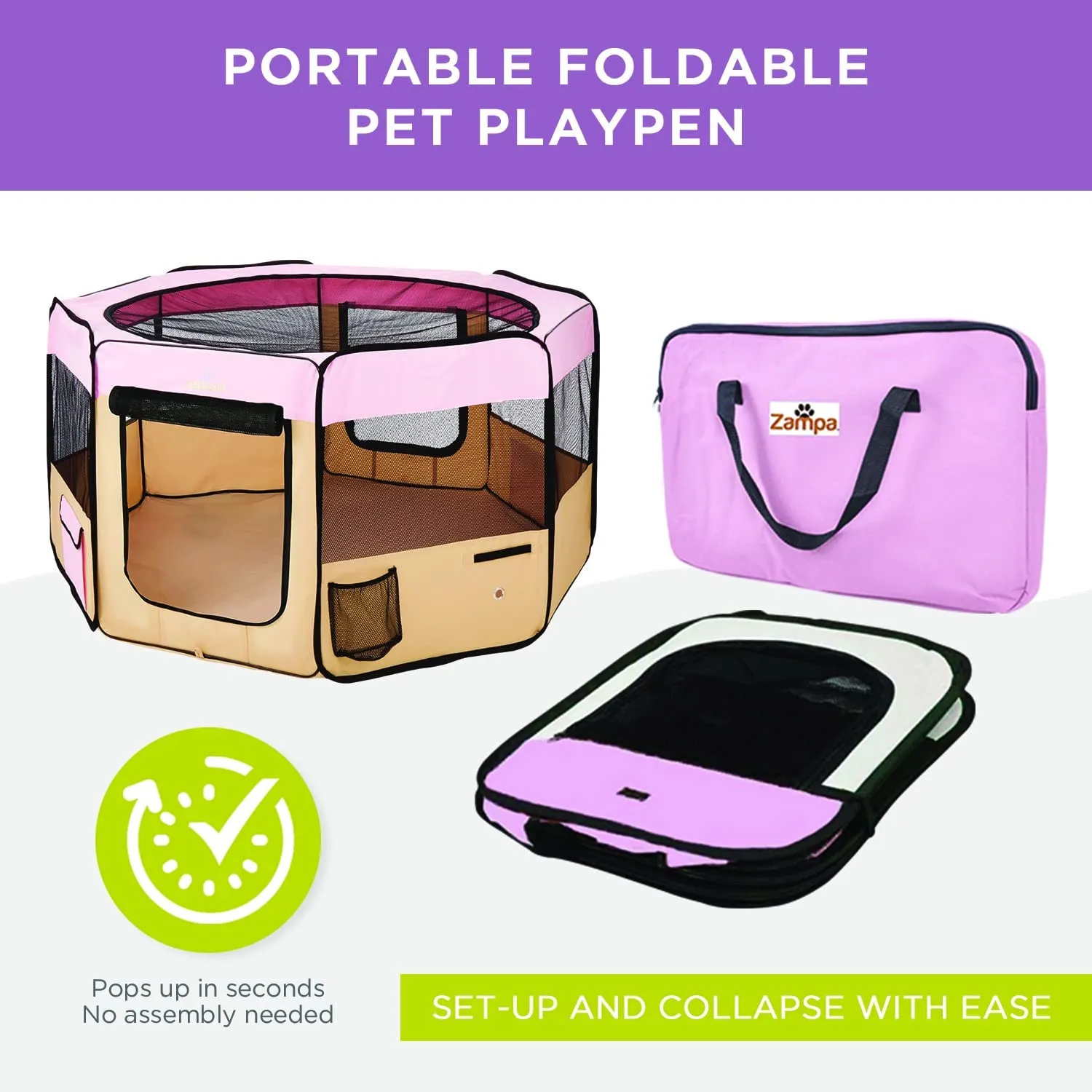 New Zampa Portable Foldable Pet playpen Exercise Pen Kennel   Carrying Case for Large Dogs Small Puppies/Cats | Indoor/Outdoor Use | Water Resistant in Pink! Large (61"x61"x30")