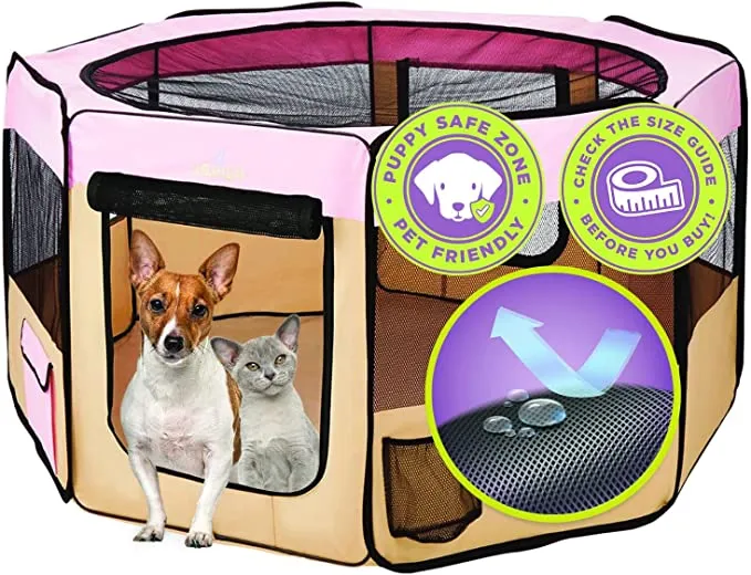 New Zampa Portable Foldable Pet playpen Exercise Pen Kennel   Carrying Case for Large Dogs Small Puppies/Cats | Indoor/Outdoor Use | Water Resistant in Pink! Large (61"x61"x30")