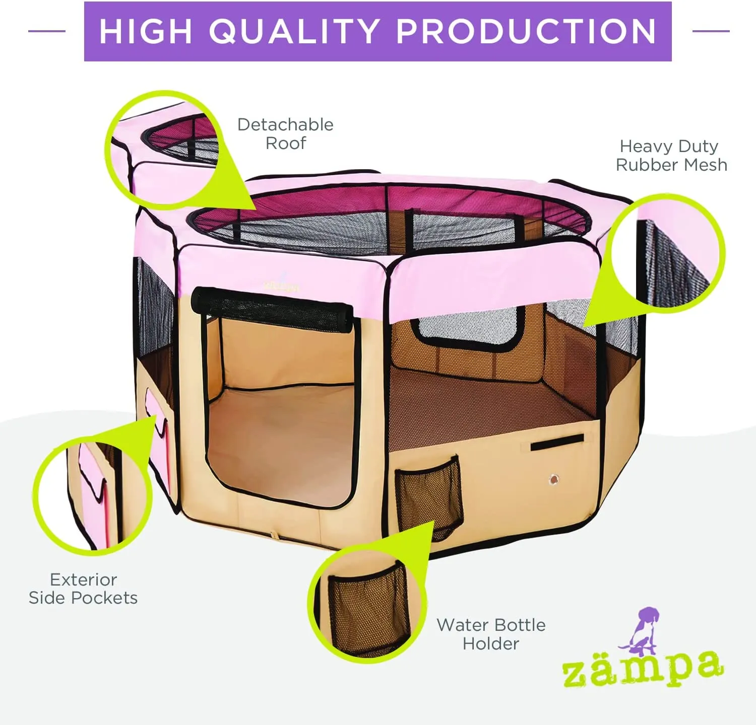 New Zampa Portable Foldable Pet playpen Exercise Pen Kennel   Carrying Case for Large Dogs Small Puppies/Cats | Indoor/Outdoor Use | Water Resistant in Pink! Large (61"x61"x30")