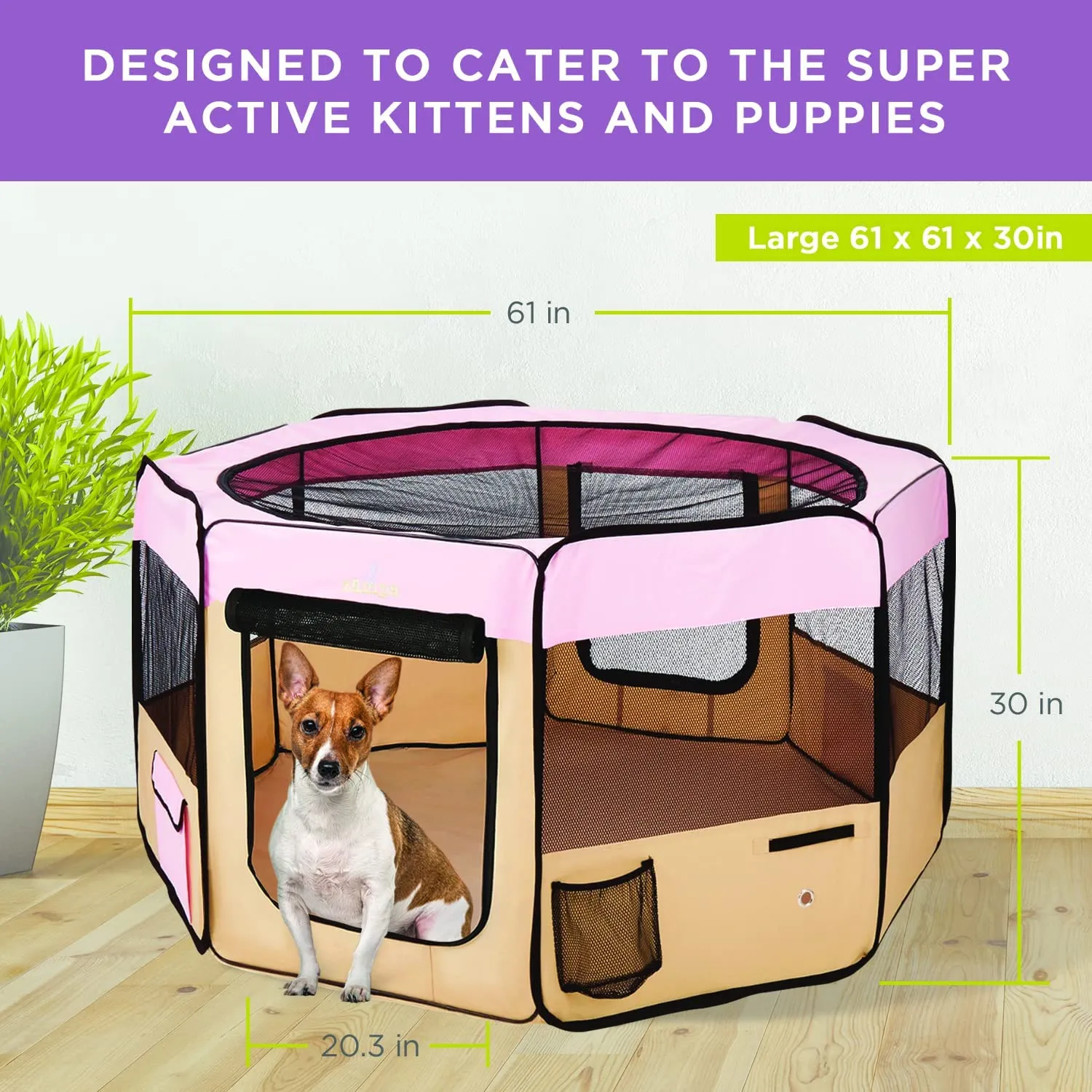New Zampa Portable Foldable Pet playpen Exercise Pen Kennel   Carrying Case for Large Dogs Small Puppies/Cats | Indoor/Outdoor Use | Water Resistant in Pink! Large (61"x61"x30")