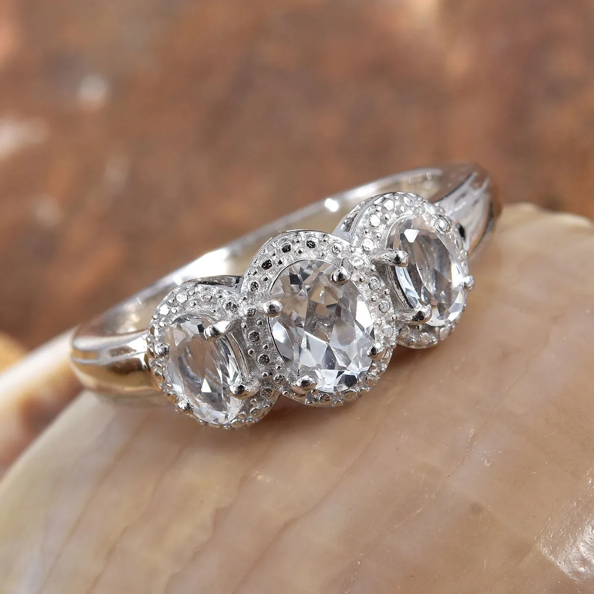 Platinum over Bond Brass 1.4 cts PETALITE 3 Stone Trilogy Ring (size 5)
