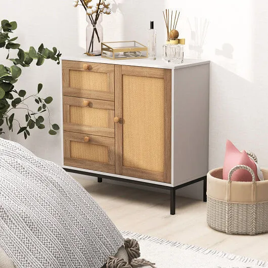 Rattan Sideboard Buffet Cabinet with 1 Door and 3 Drawers-White