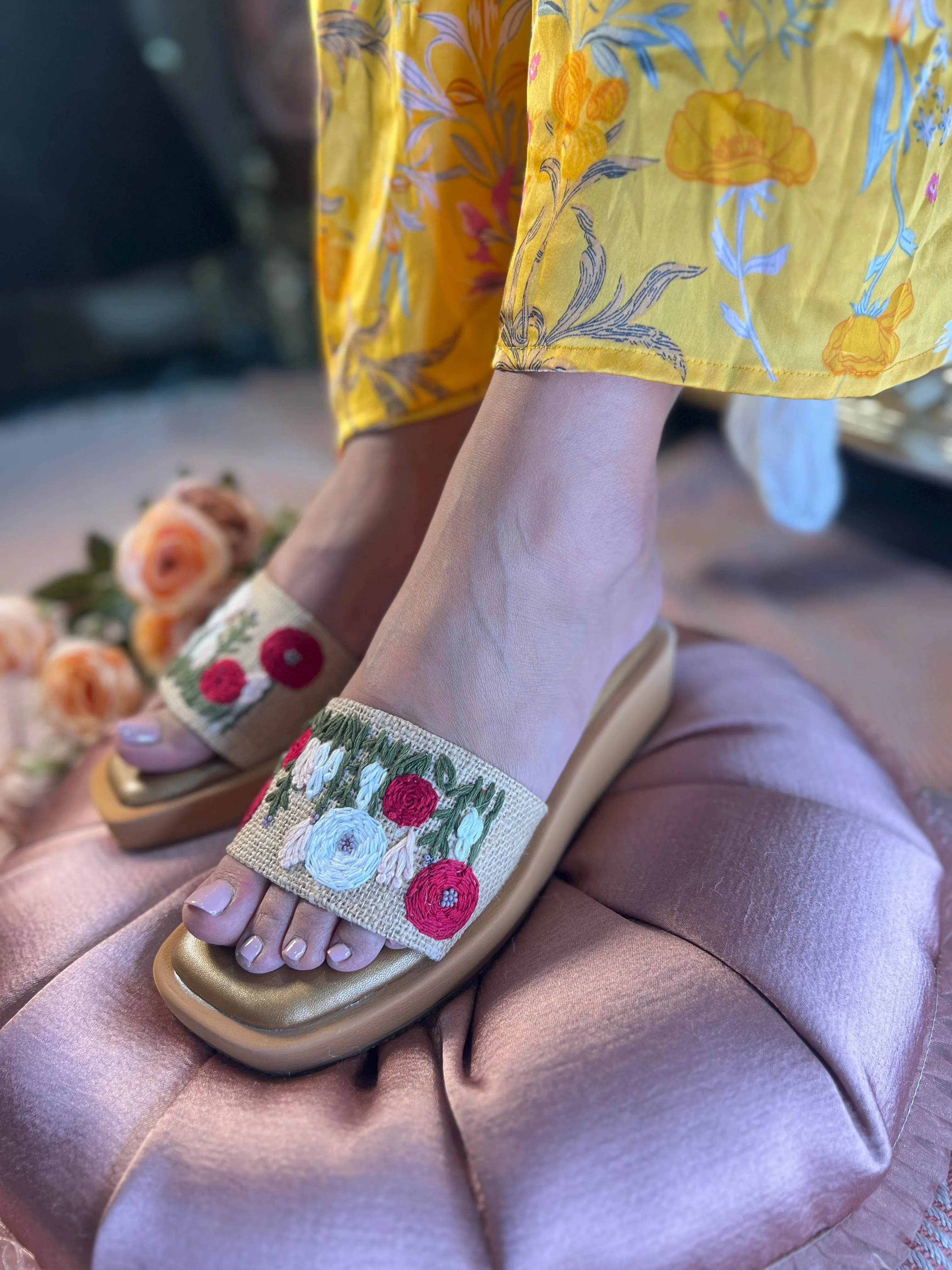 Red & White Embroidered Slide Sandals
