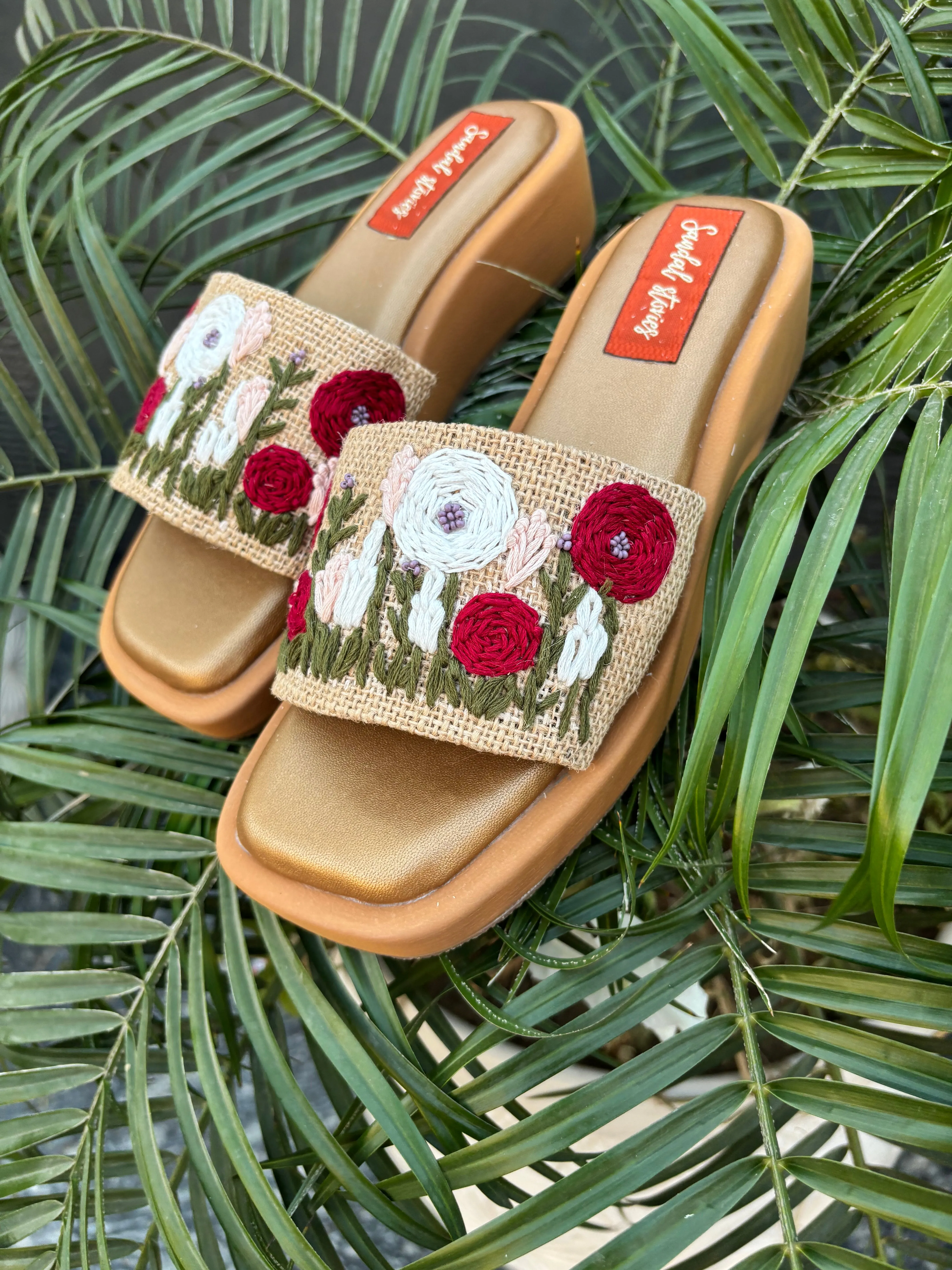 Red & White Embroidered Slide Sandals