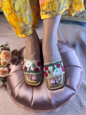 Red & White Embroidered Slide Sandals