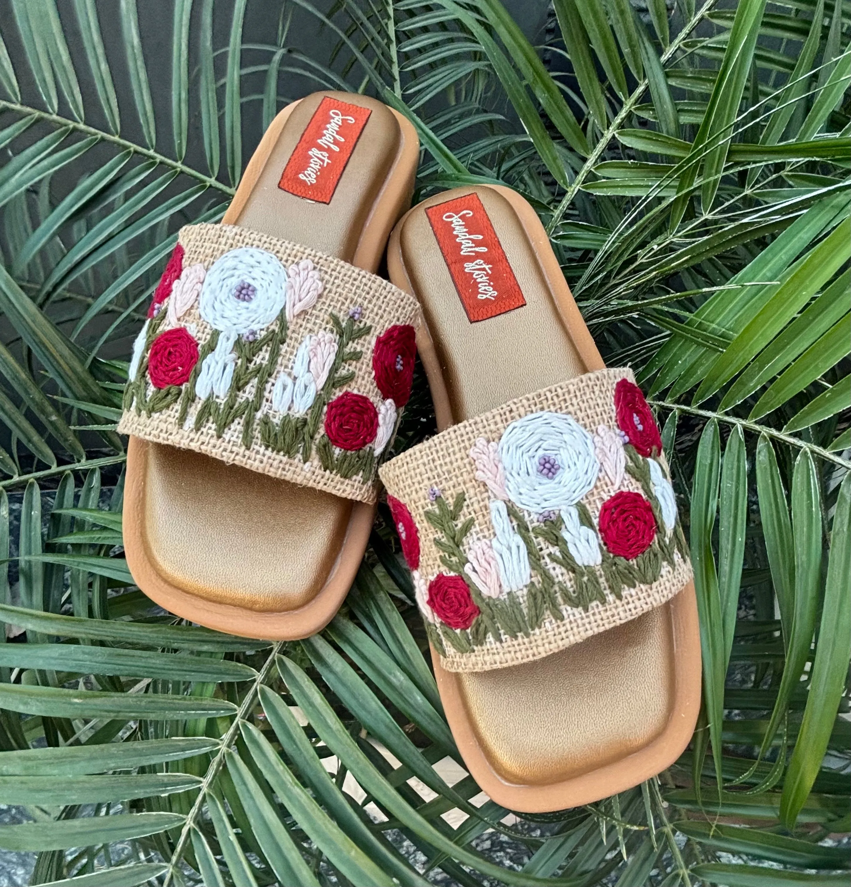 Red & White Embroidered Slide Sandals