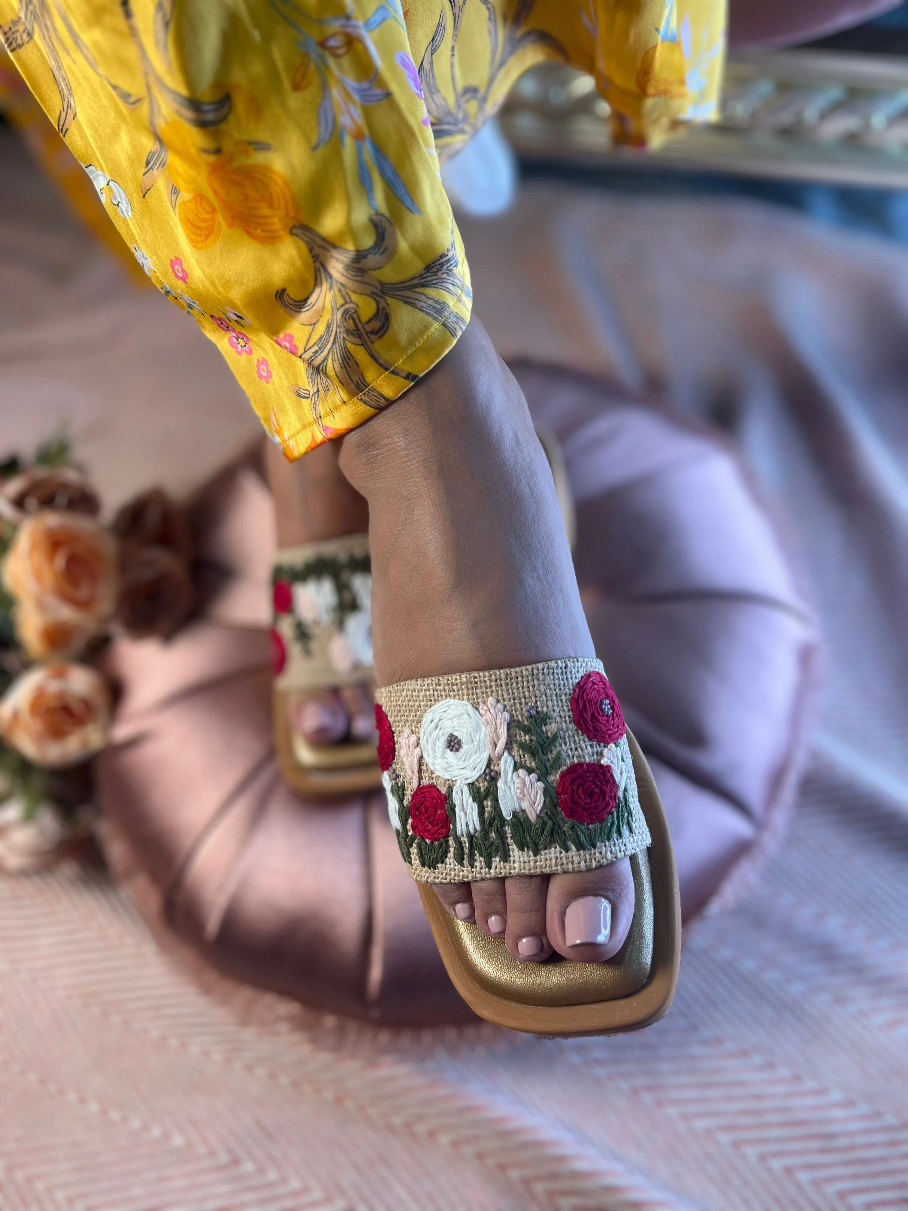Red & White Embroidered Slide Sandals