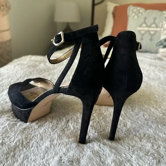 Sam Edelman Women's 9.5 Kayde Platform Pump Heel Black Leather Suede Ankle Strap