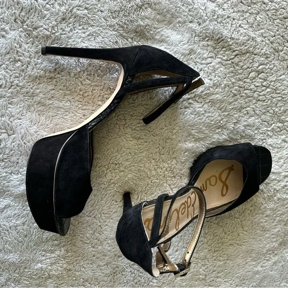 Sam Edelman Women's 9.5 Kayde Platform Pump Heel Black Leather Suede Ankle Strap