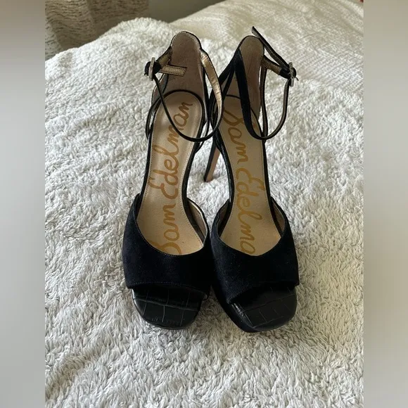 Sam Edelman Women's 9.5 Kayde Platform Pump Heel Black Leather Suede Ankle Strap