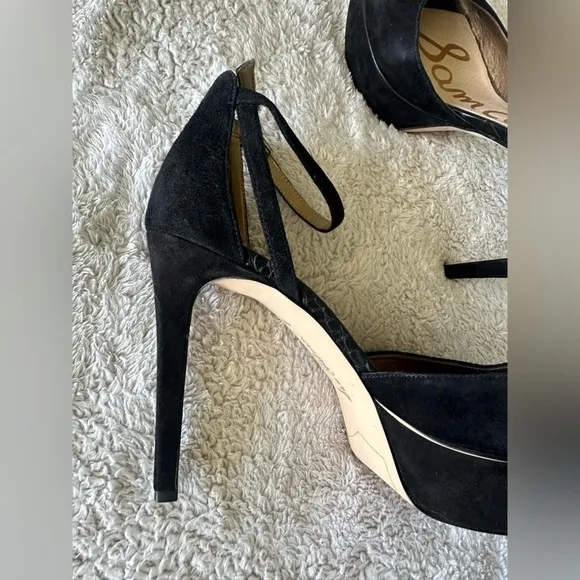 Sam Edelman Women's 9.5 Kayde Platform Pump Heel Black Leather Suede Ankle Strap