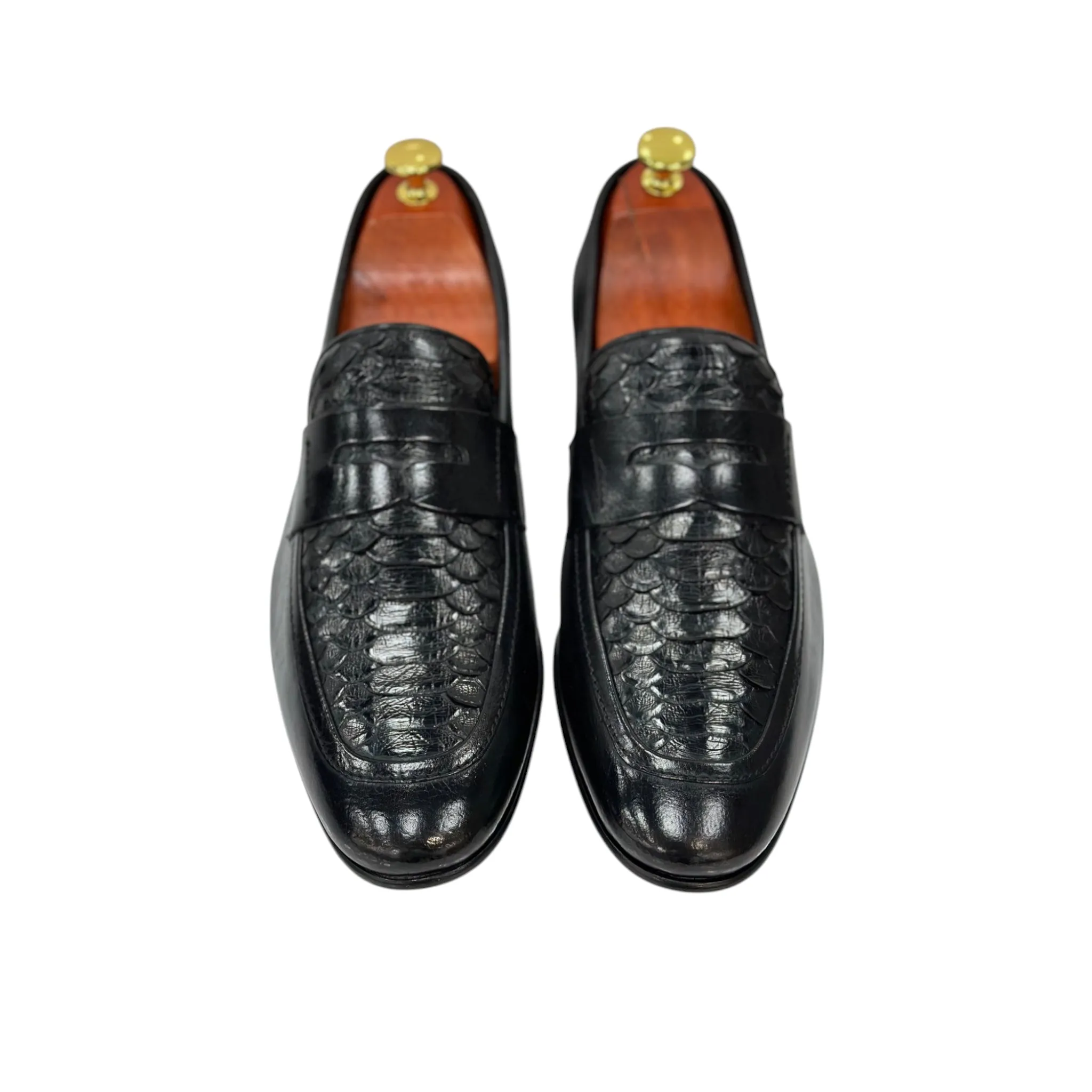 Shiny Black-Dress Shoes-With  Detailed Textured Leather -3107