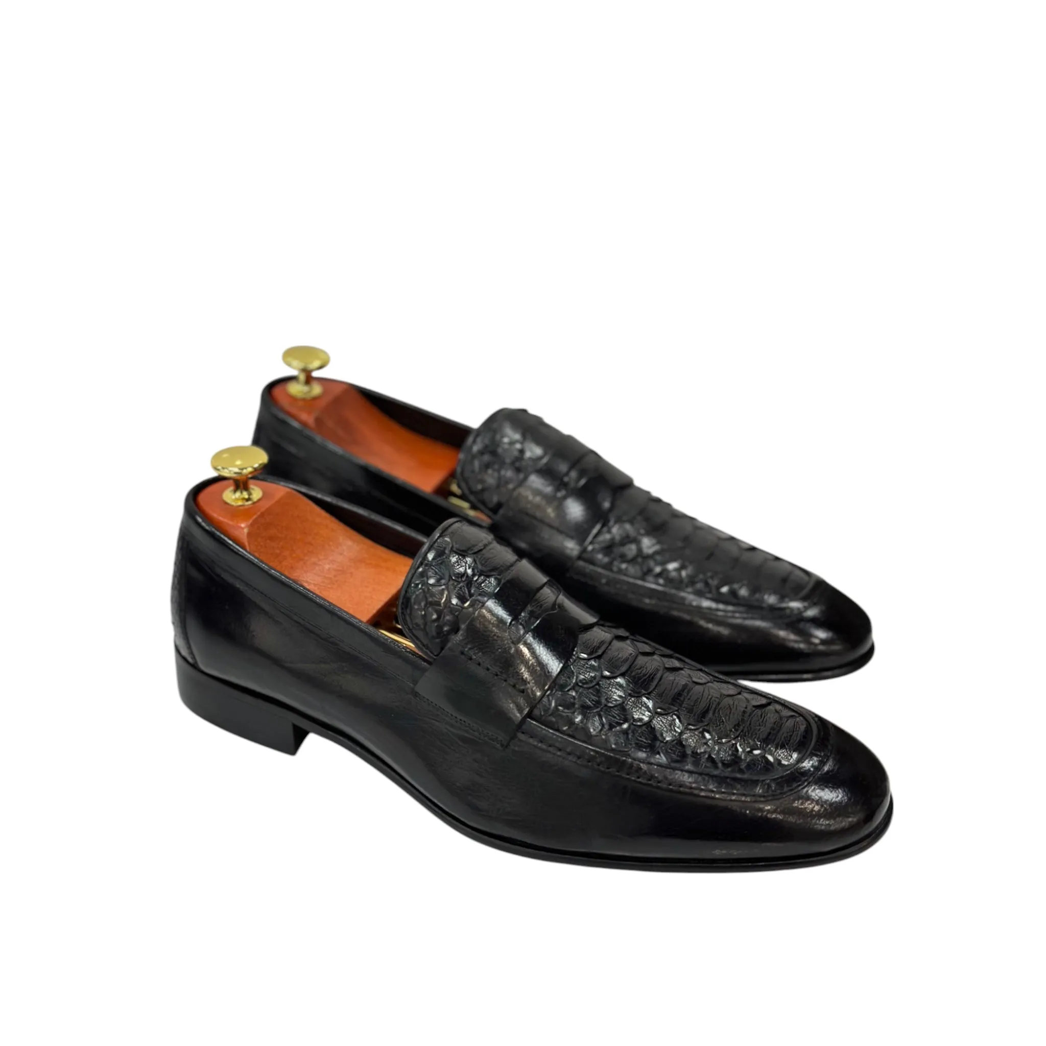 Shiny Black-Dress Shoes-With  Detailed Textured Leather -3107