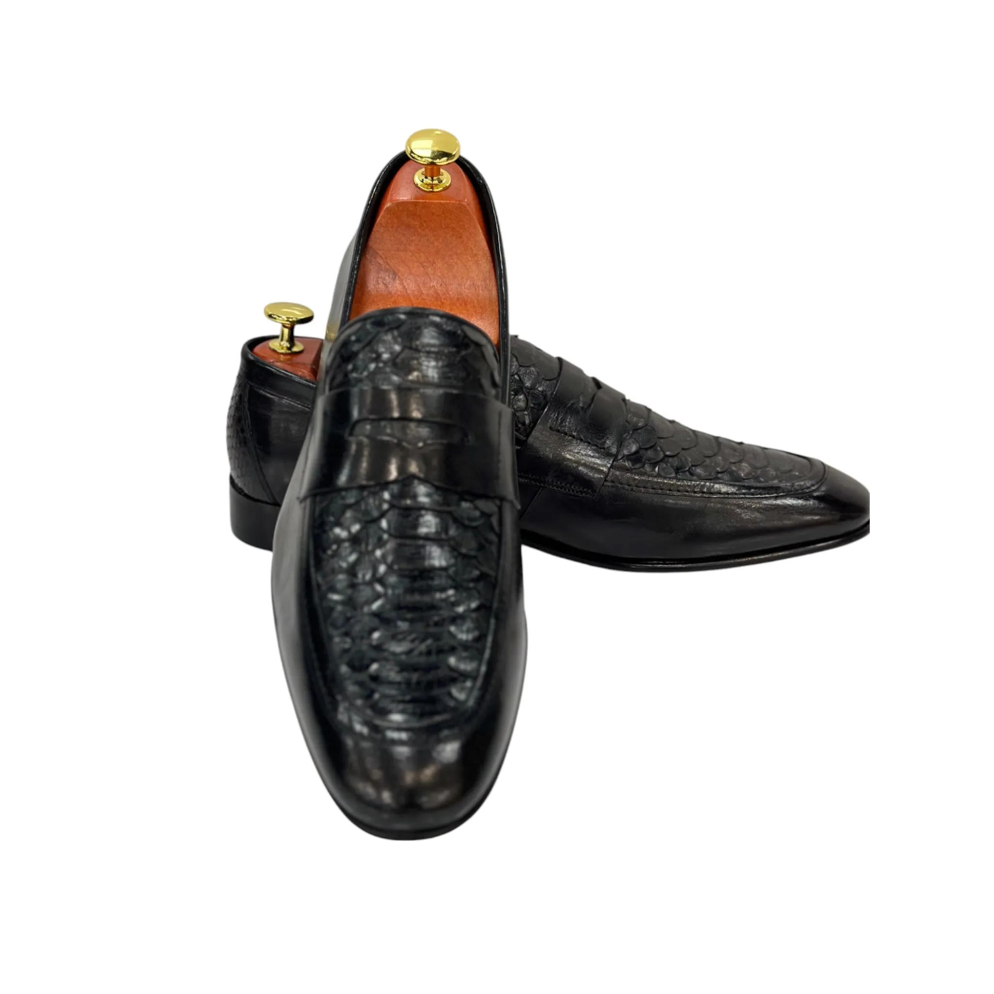 Shiny Black-Dress Shoes-With  Detailed Textured Leather -3107
