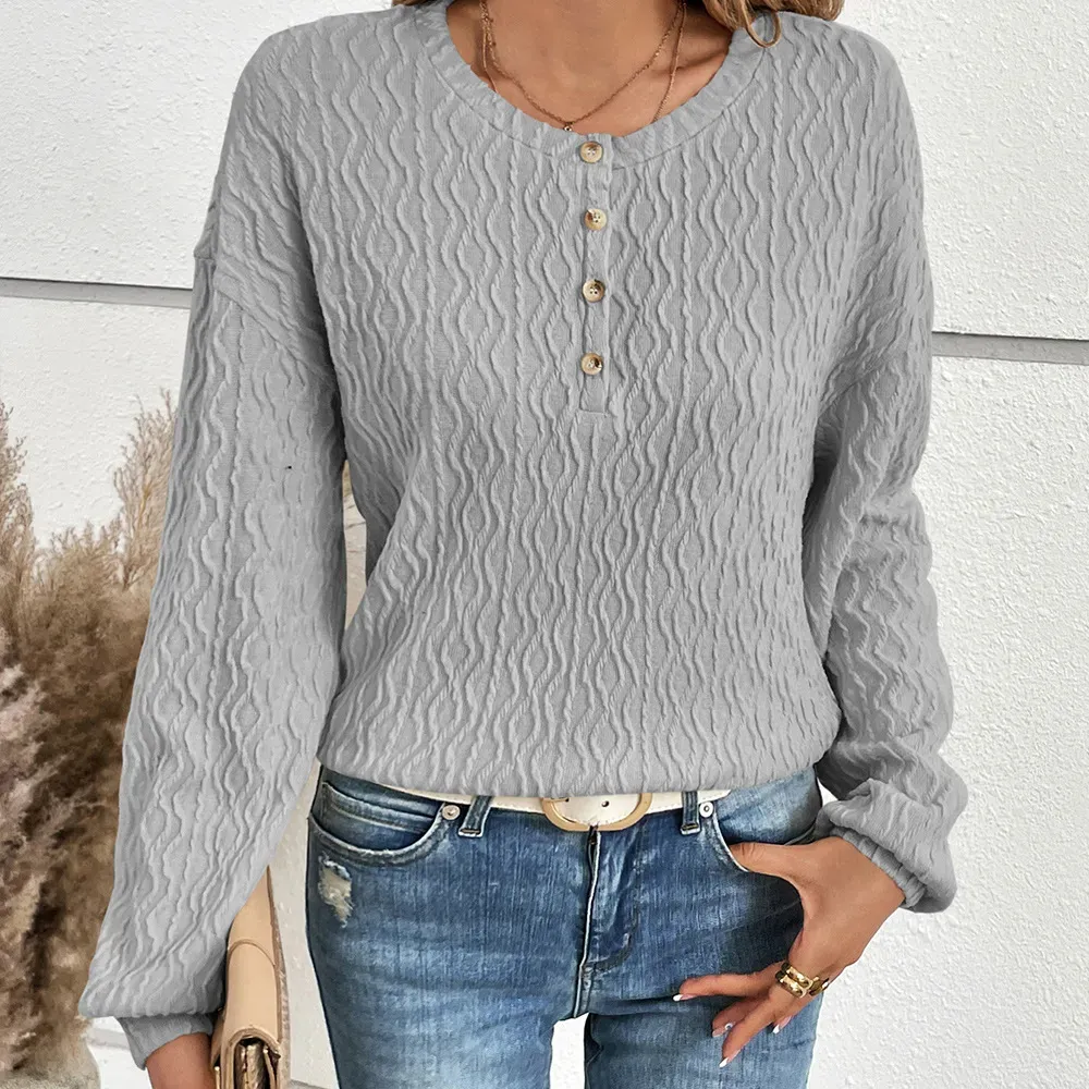 Signature Wave Textured Long Sleeve Henley Top