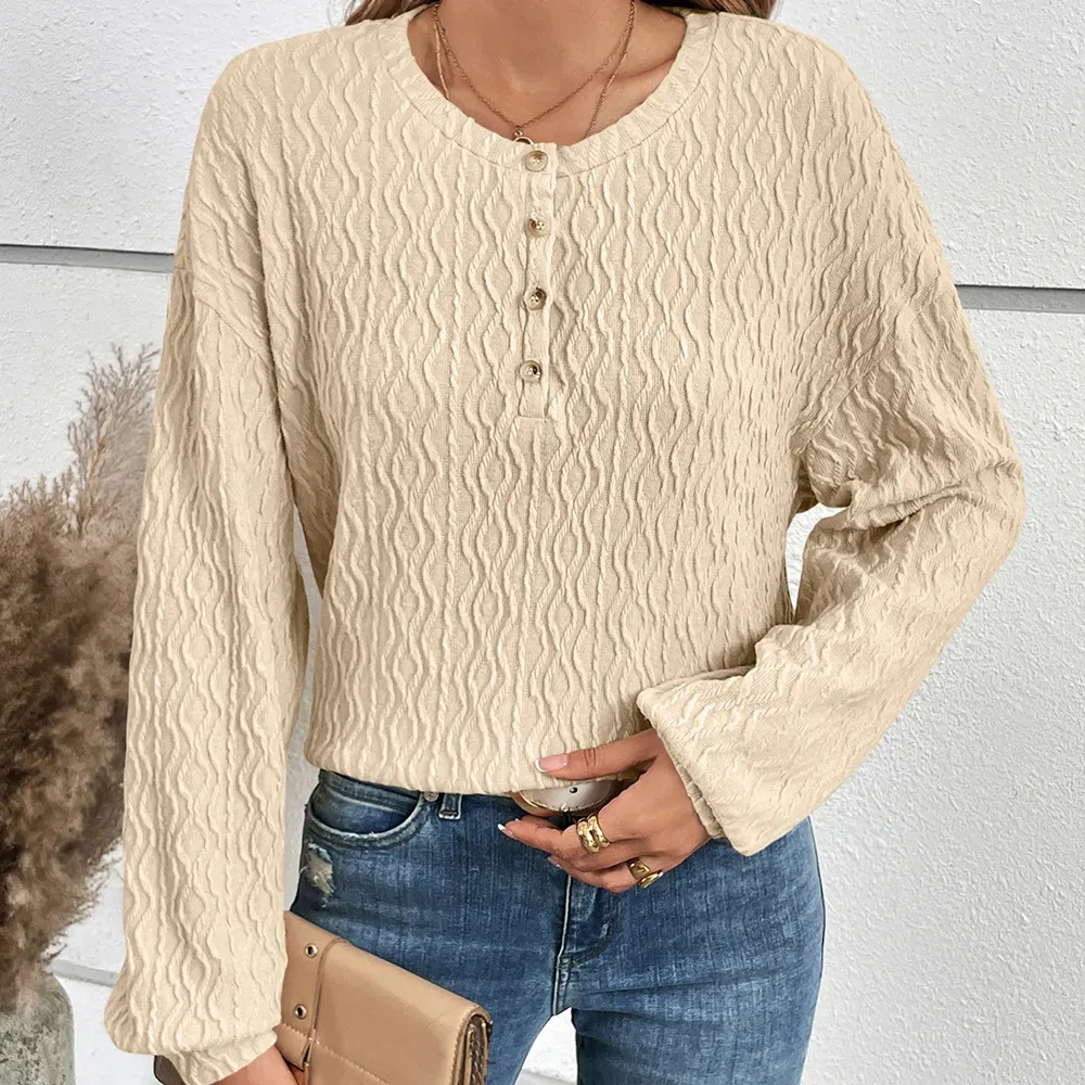 Signature Wave Textured Long Sleeve Henley Top