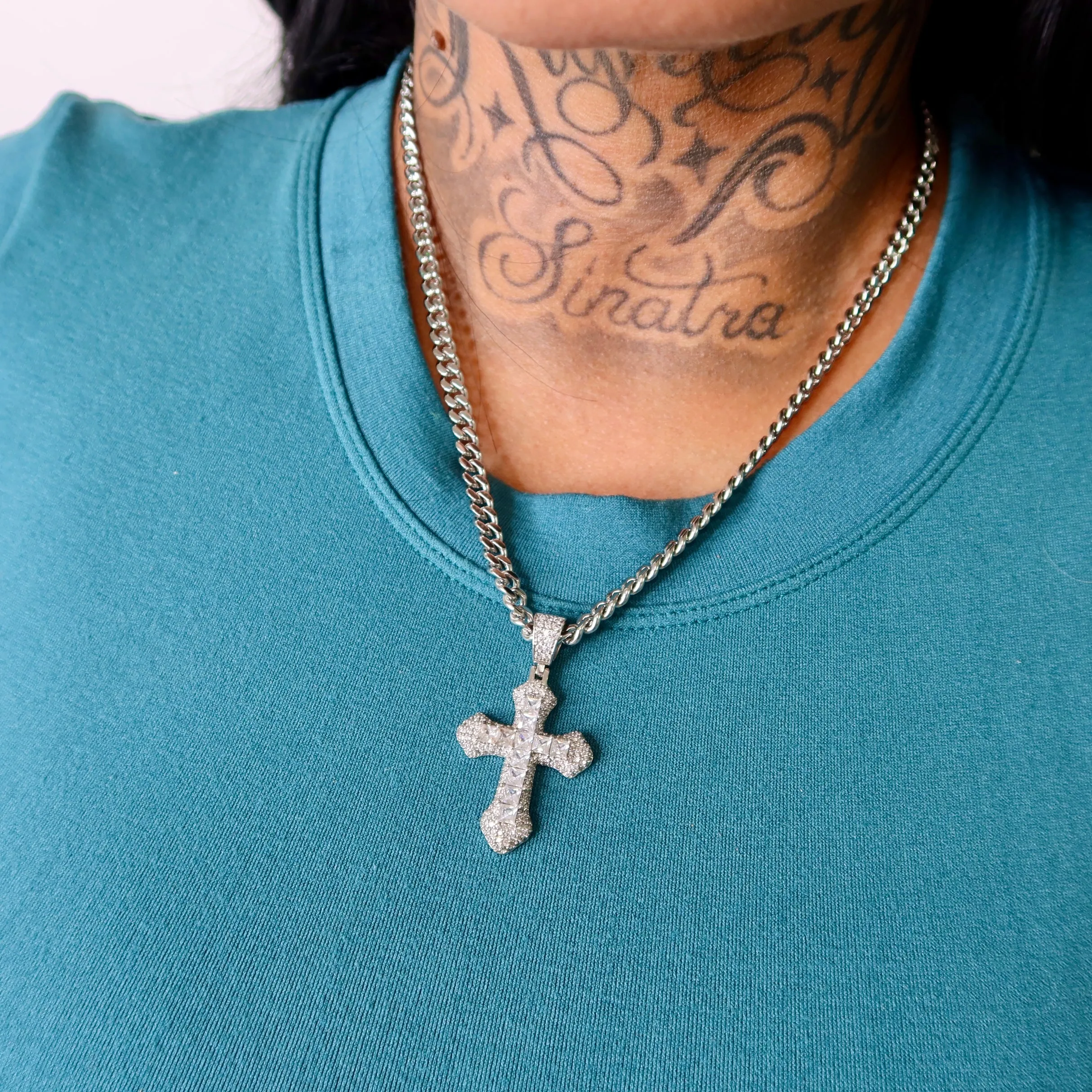 Silver Icy Cross Cuban Link Necklace