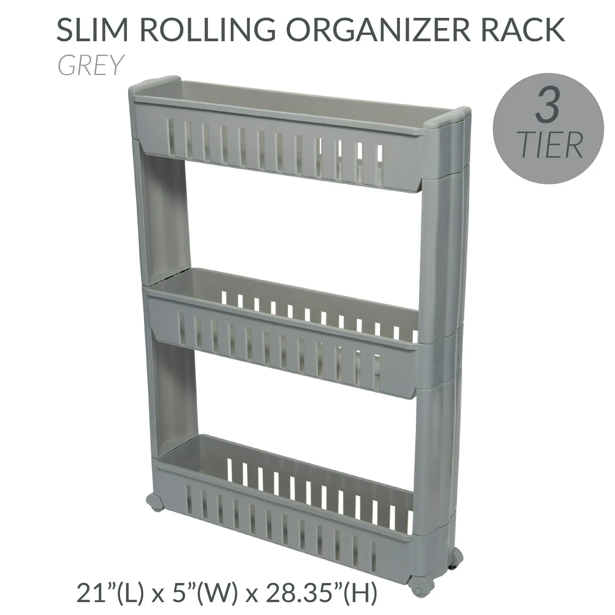 Simplify 3 Tier Slim Slide Out Plastic Storage Cart in Grey for Laundry Room or Closet