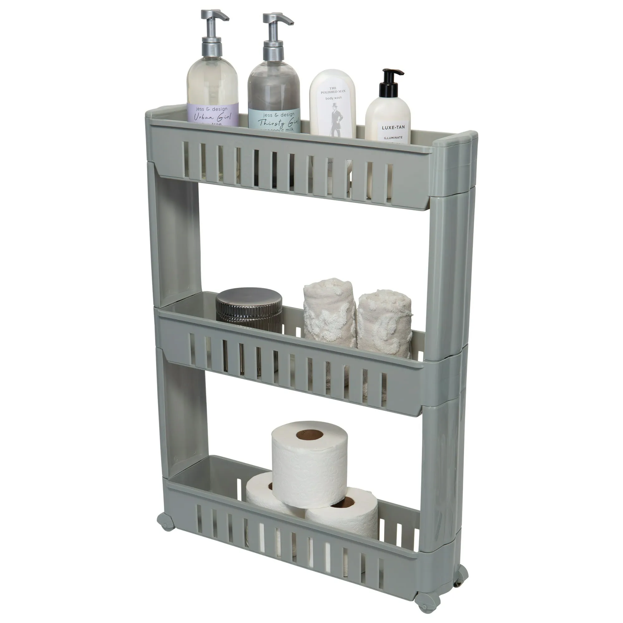 Simplify 3 Tier Slim Slide Out Plastic Storage Cart in Grey for Laundry Room or Closet
