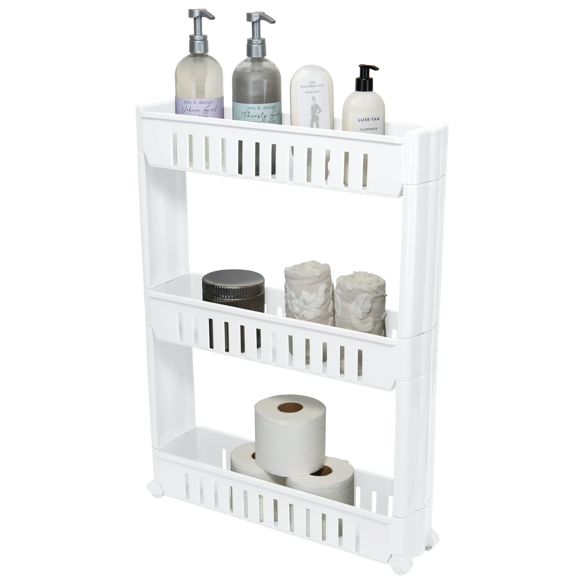 Simplify 3 Tier Slim Slide Out Storage Cart in White for Closets and Laundry Rooms