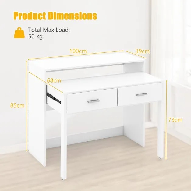 Spine Supporting Space Saving Extending Homework Desk | 2 Tier |  Storage | Older Children & Adults | White