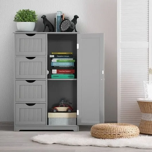 Standing Indoor Wooden Cabinet with 4 Drawers-Gray - Color: Gray