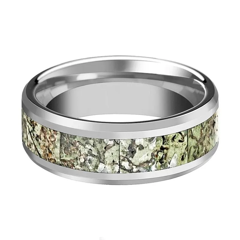 TARGARYEN | Silver Tungsten Ring, Light Green Dinosaur Bone Inlay, Beveled