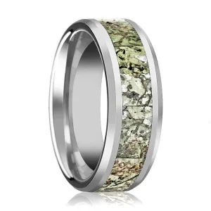TARGARYEN | Silver Tungsten Ring, Light Green Dinosaur Bone Inlay, Beveled