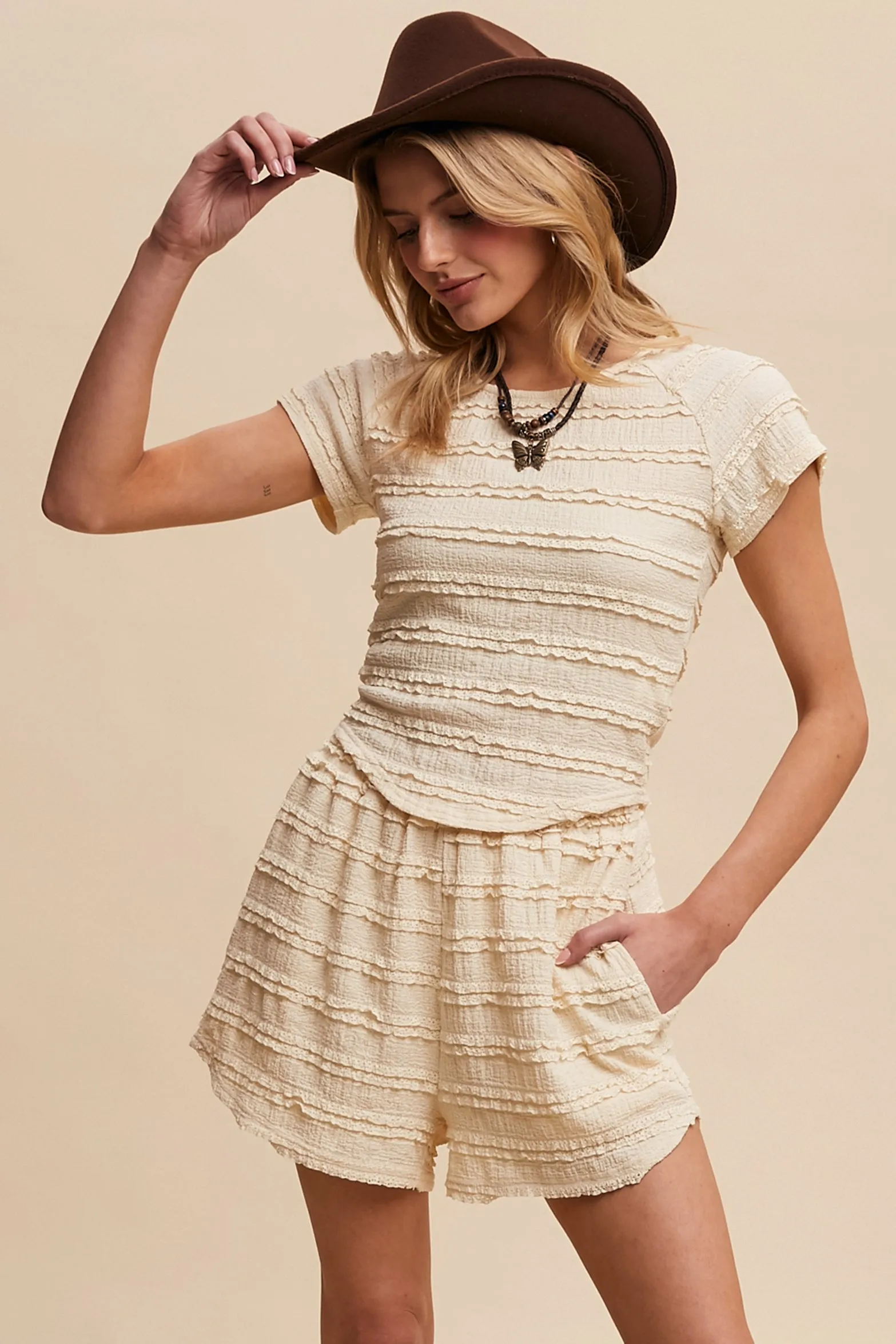 Textured Ruffle Top and Shorts Two-Piece Set