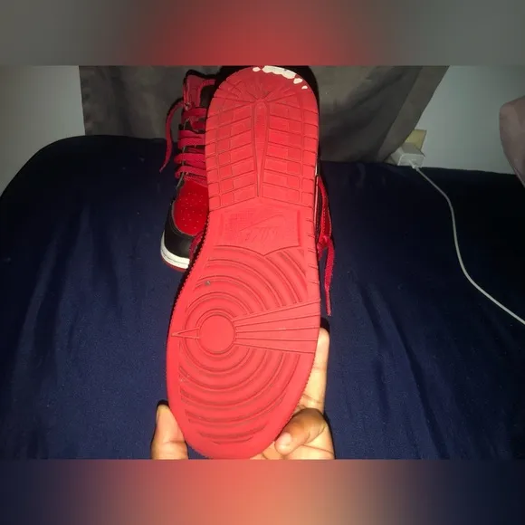 These are Jordan 1mid”Black/Fire Red/white shoes size 5.5