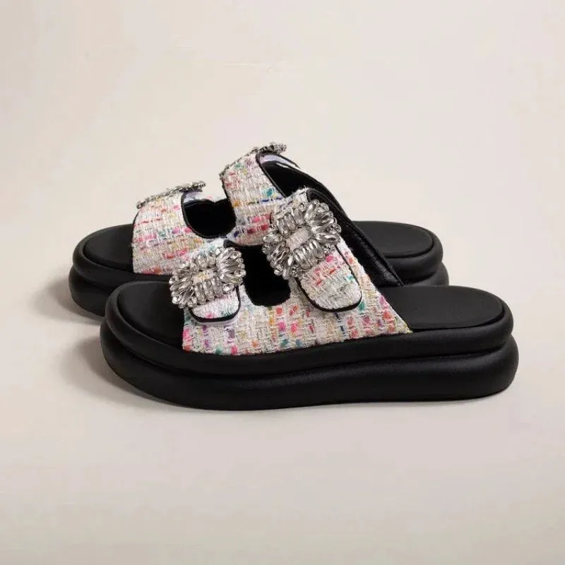 Thick Soled 2024 Summer New Casual Square Buckle Water Diamond Double Strap One Line Slipper for External Wear, Sandals