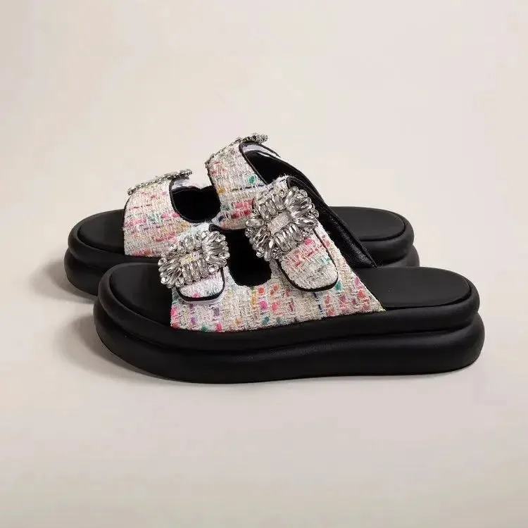 Thick Soled 2024 Summer New Casual Square Buckle Water Diamond Double Strap One Line Slipper for External Wear, Sandals