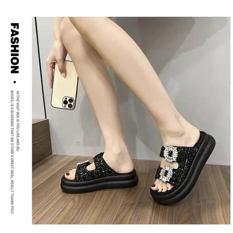 Thick Soled 2024 Summer New Casual Square Buckle Water Diamond Double Strap One Line Slipper for External Wear, Sandals