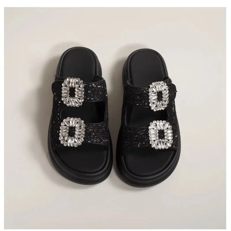 Thick Soled 2024 Summer New Casual Square Buckle Water Diamond Double Strap One Line Slipper for External Wear, Sandals