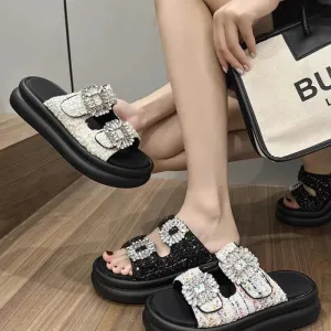 Thick Soled 2024 Summer New Casual Square Buckle Water Diamond Double Strap One Line Slipper for External Wear, Sandals